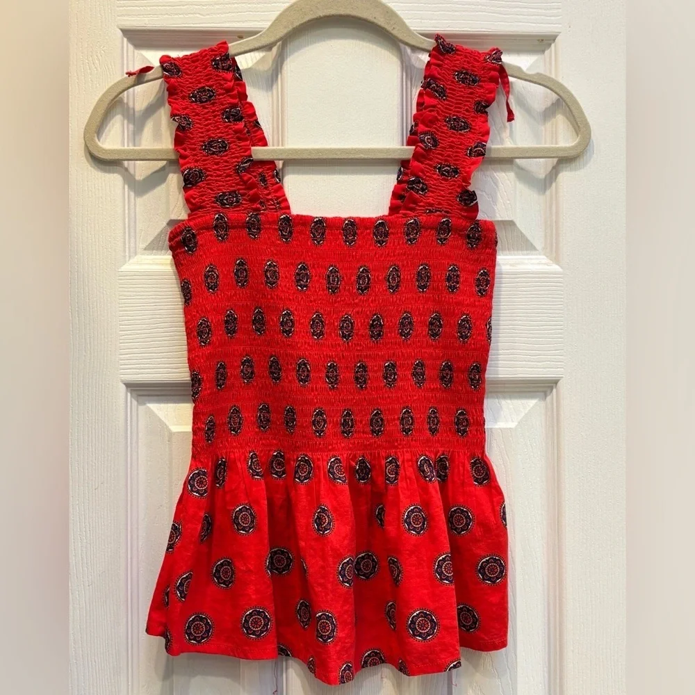 Maeve by Anthropologie “Avila Peplum Top” smocked tank top blouse in bright red! - Picture 3 of 7